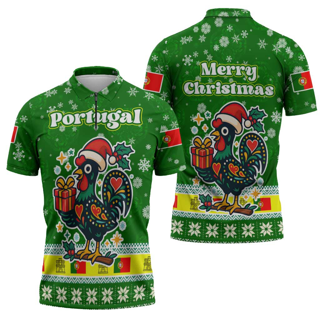 Portugal Christmas Zipper Polo Shirt with Green Galo de Barcelos Rooster Santa Hat and Gift - Wonder Print Shop