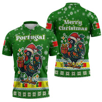 Portugal Christmas Zipper Polo Shirt with Green Galo de Barcelos Rooster Santa Hat and Gift - Wonder Print Shop