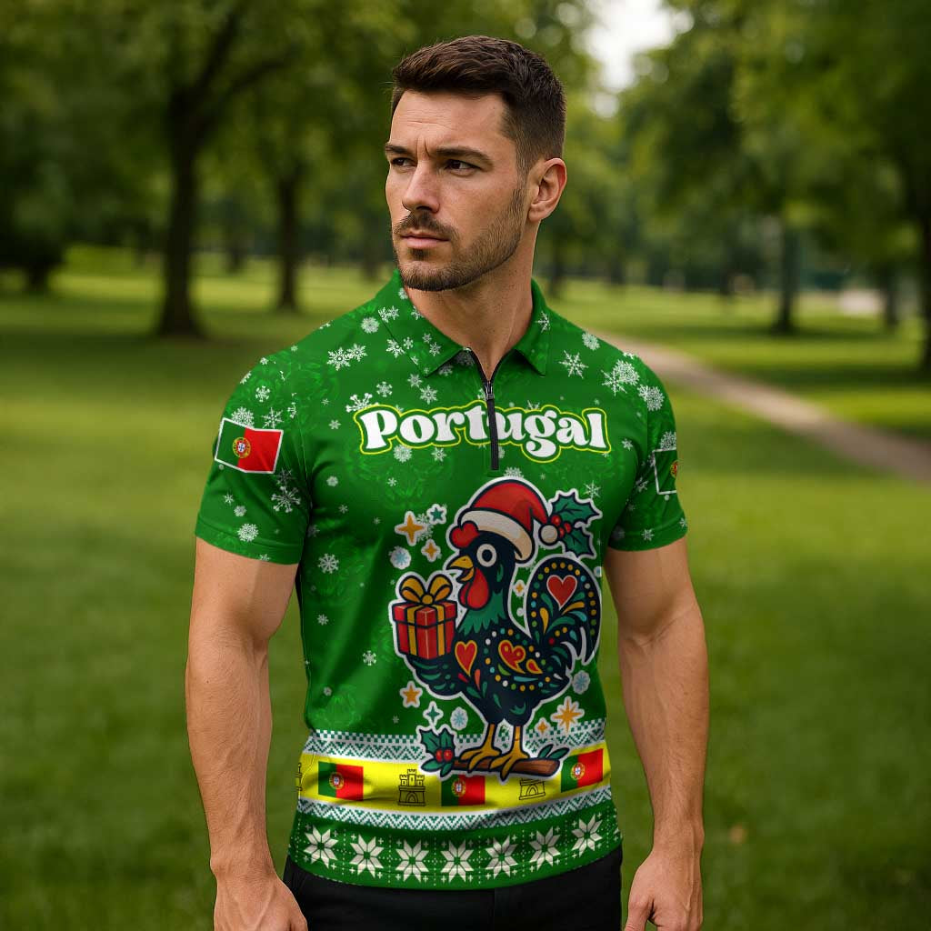 Portugal Christmas Zipper Polo Shirt with Green Galo de Barcelos Rooster Santa Hat and Gift - Wonder Print Shop