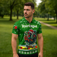 Portugal Christmas Zipper Polo Shirt with Green Galo de Barcelos Rooster Santa Hat and Gift - Wonder Print Shop