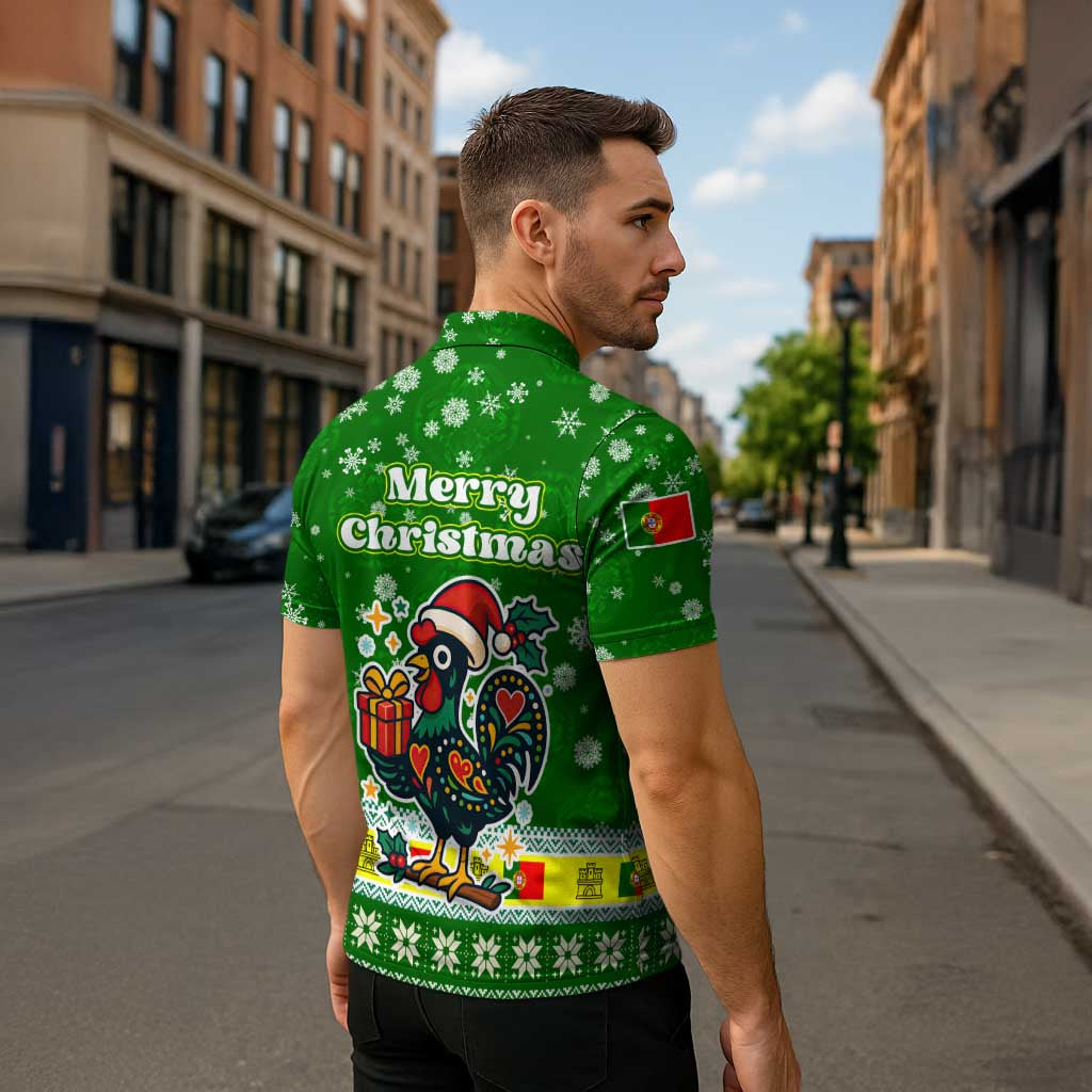 Portugal Christmas Zipper Polo Shirt with Green Galo de Barcelos Rooster Santa Hat and Gift - Wonder Print Shop
