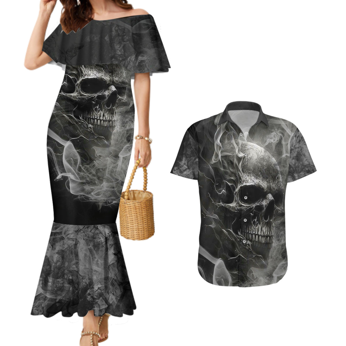Hello Darkness My Old Friend Skull Couples Matching Mermaid Dress and Hawaiian Shirt - Wonder Print Shop