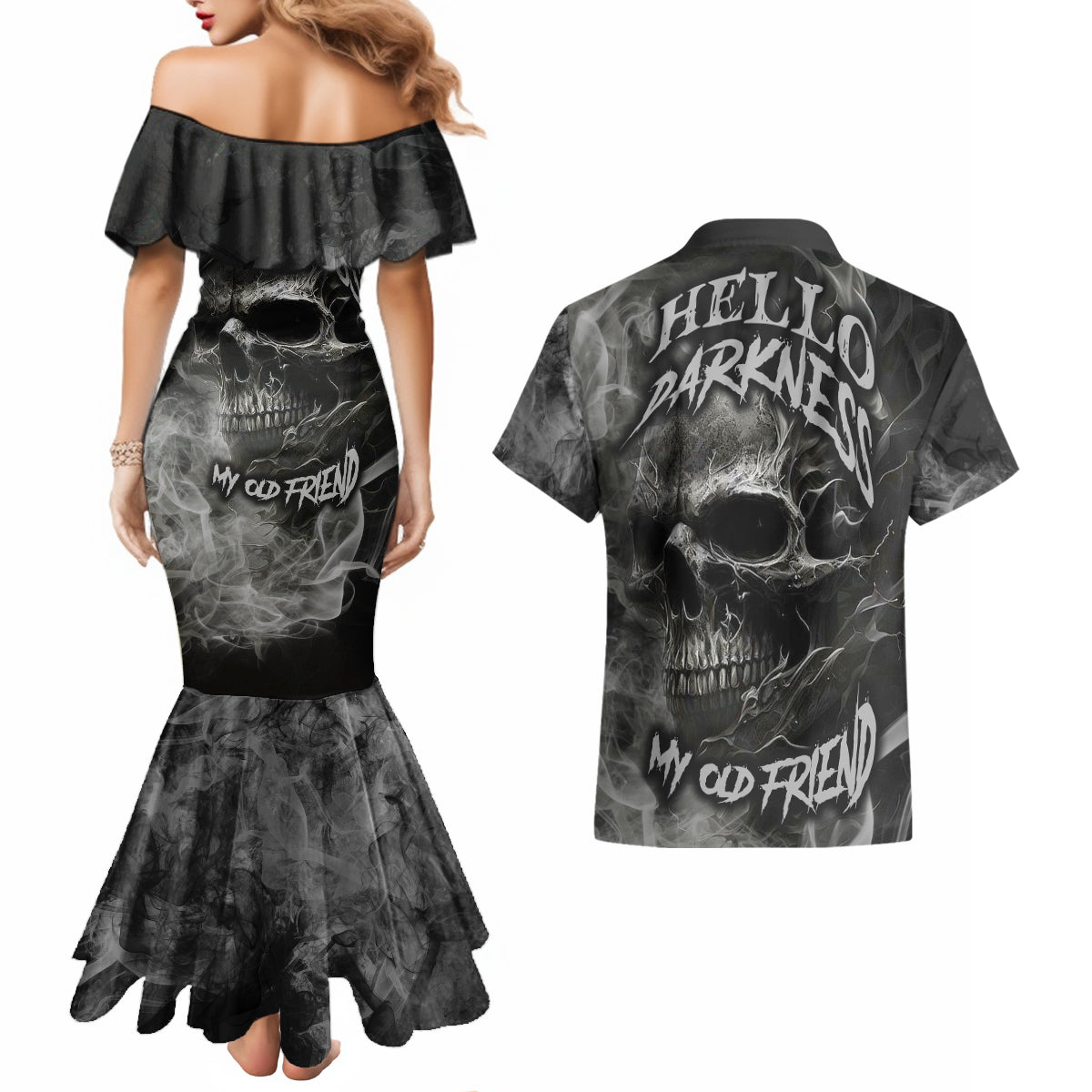 Hello Darkness My Old Friend Skull Couples Matching Mermaid Dress and Hawaiian Shirt - Wonder Print Shop