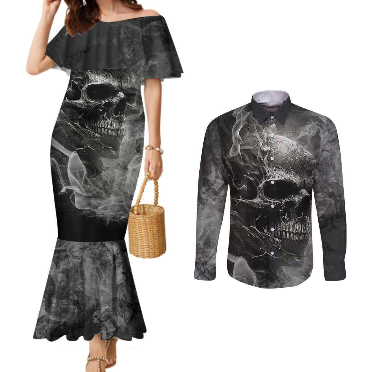 hello-darkness-my-old-friend-skull-couples-matching-mermaid-dress-and-long-sleeve-button-shirts