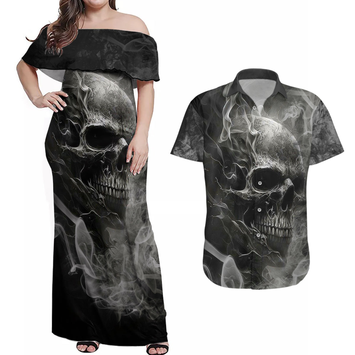 Hello Darkness My Old Friend Skull Couples Matching Off Shoulder Maxi Dress and Hawaiian Shirt - Wonder Print Shop