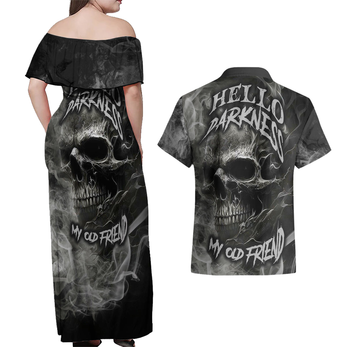 Hello Darkness My Old Friend Skull Couples Matching Off Shoulder Maxi Dress and Hawaiian Shirt - Wonder Print Shop