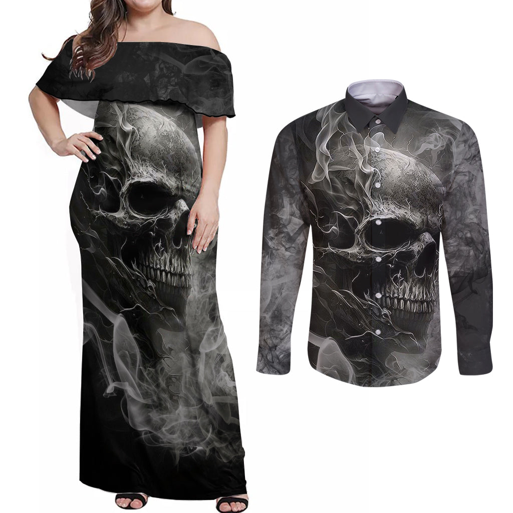 Hello Darkness My Old Friend Skull Couples Matching Off Shoulder Maxi Dress and Long Sleeve Button Shirts - Wonder Print Shop
