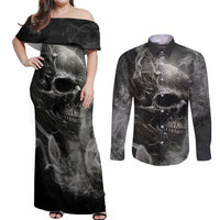 Hello Darkness My Old Friend Skull Couples Matching Off Shoulder Maxi Dress and Long Sleeve Button Shirts - Wonder Print Shop