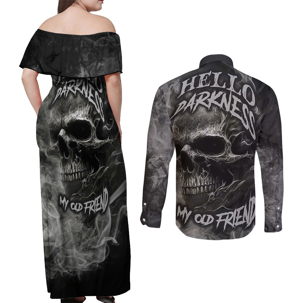 Hello Darkness My Old Friend Skull Couples Matching Off Shoulder Maxi Dress and Long Sleeve Button Shirts - Wonder Print Shop