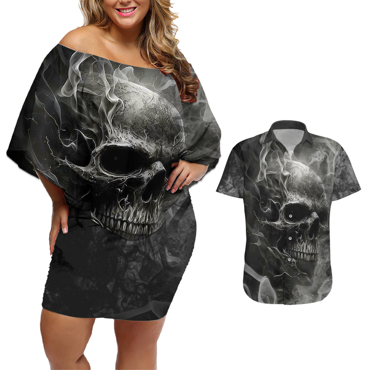 Hello Darkness My Old Friend Skull Couples Matching Off Shoulder Short Dress and Hawaiian Shirt - Wonder Print Shop