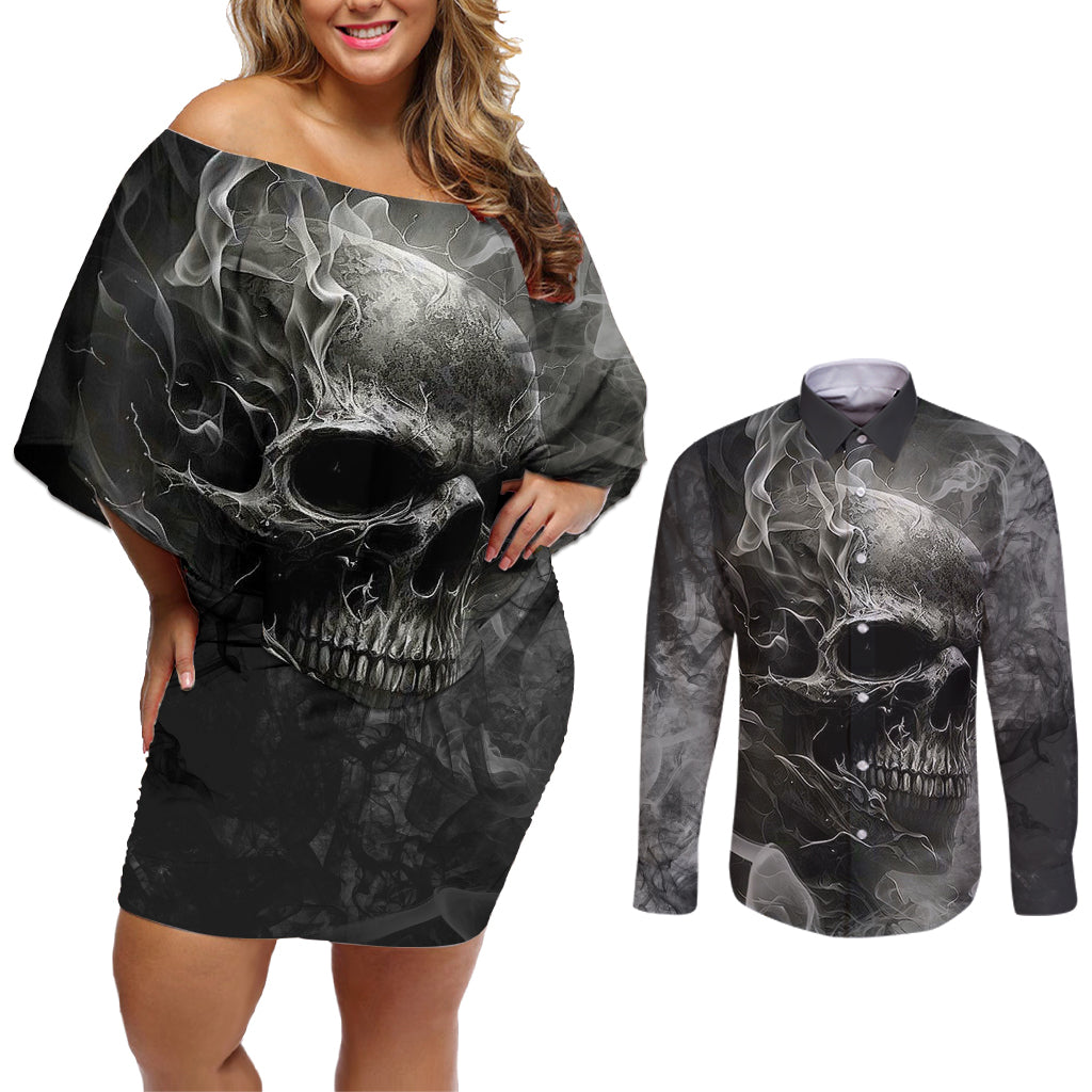 Hello Darkness My Old Friend Skull Couples Matching Off Shoulder Short Dress and Long Sleeve Button Shirts - Wonder Print Shop