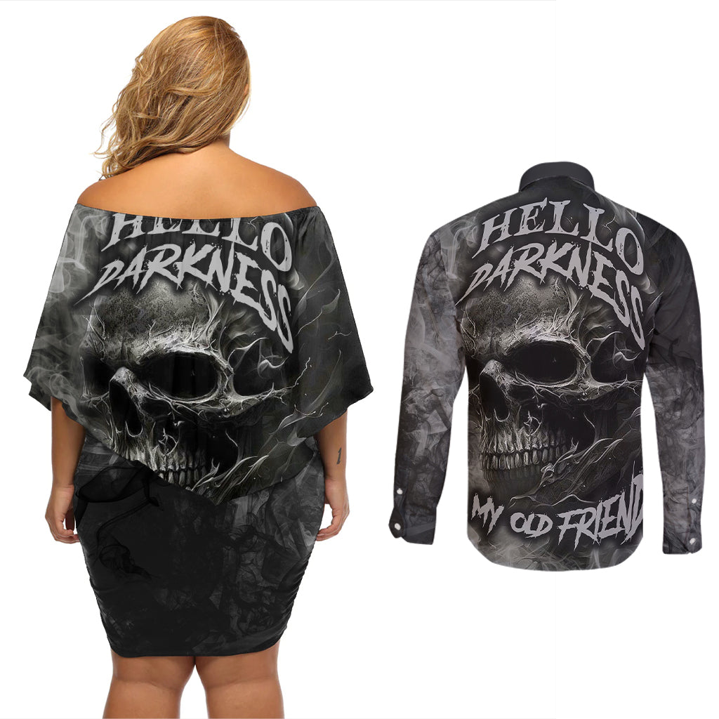 Hello Darkness My Old Friend Skull Couples Matching Off Shoulder Short Dress and Long Sleeve Button Shirts - Wonder Print Shop
