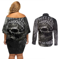 Hello Darkness My Old Friend Skull Couples Matching Off Shoulder Short Dress and Long Sleeve Button Shirts - Wonder Print Shop