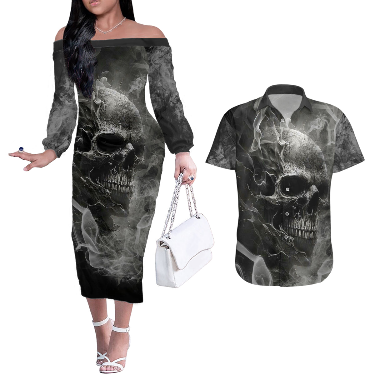 Hello Darkness My Old Friend Skull Couples Matching Off The Shoulder Long Sleeve Dress and Hawaiian Shirt - Wonder Print Shop