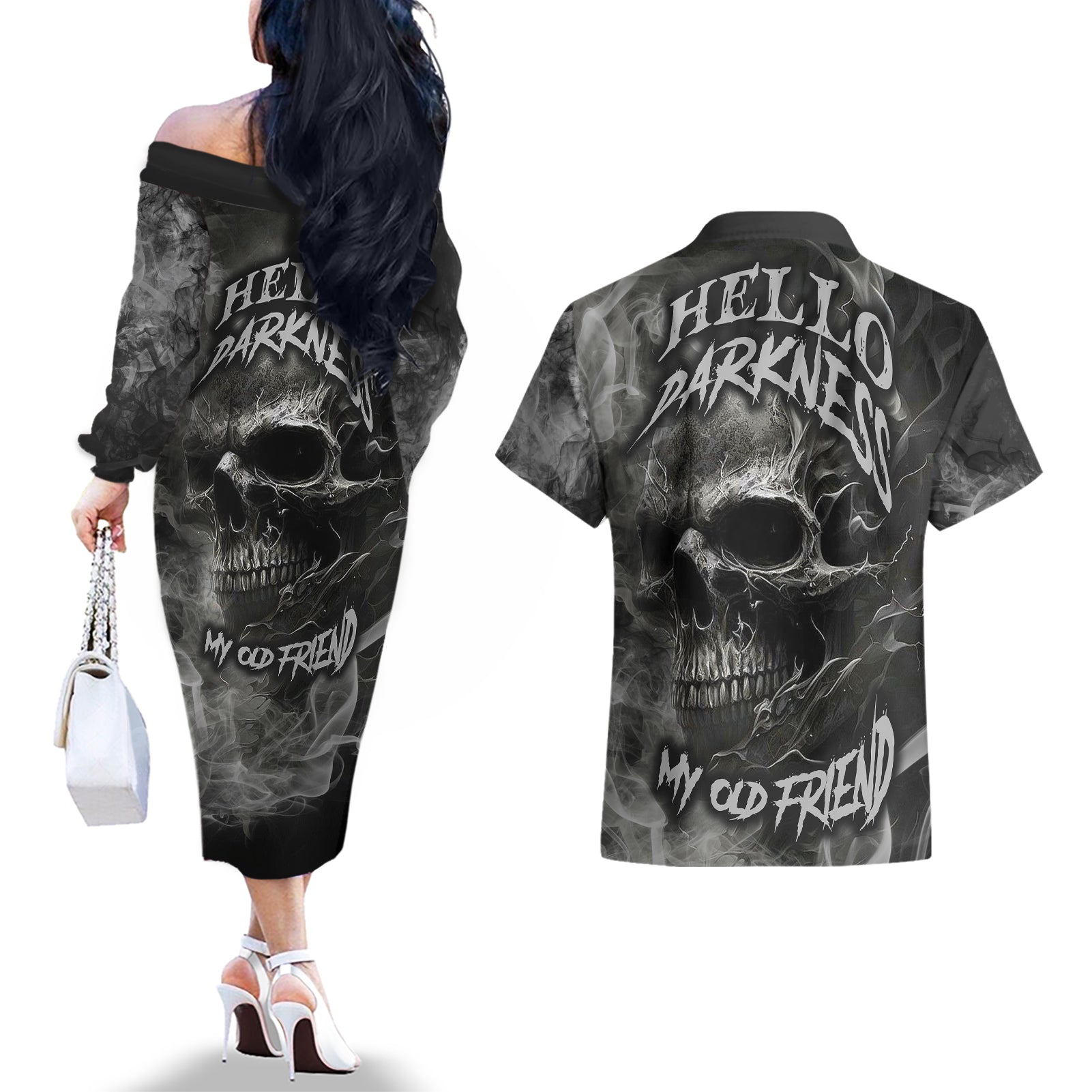 Hello Darkness My Old Friend Skull Couples Matching Off The Shoulder Long Sleeve Dress and Hawaiian Shirt - Wonder Print Shop