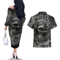 Hello Darkness My Old Friend Skull Couples Matching Off The Shoulder Long Sleeve Dress and Hawaiian Shirt - Wonder Print Shop