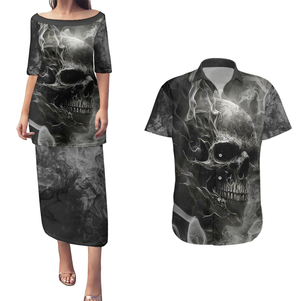 Hello Darkness My Old Friend Skull Couples Matching Puletasi Dress and Hawaiian Shirt - Wonder Print Shop