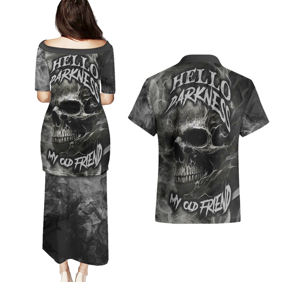 Hello Darkness My Old Friend Skull Couples Matching Puletasi Dress and Hawaiian Shirt - Wonder Print Shop