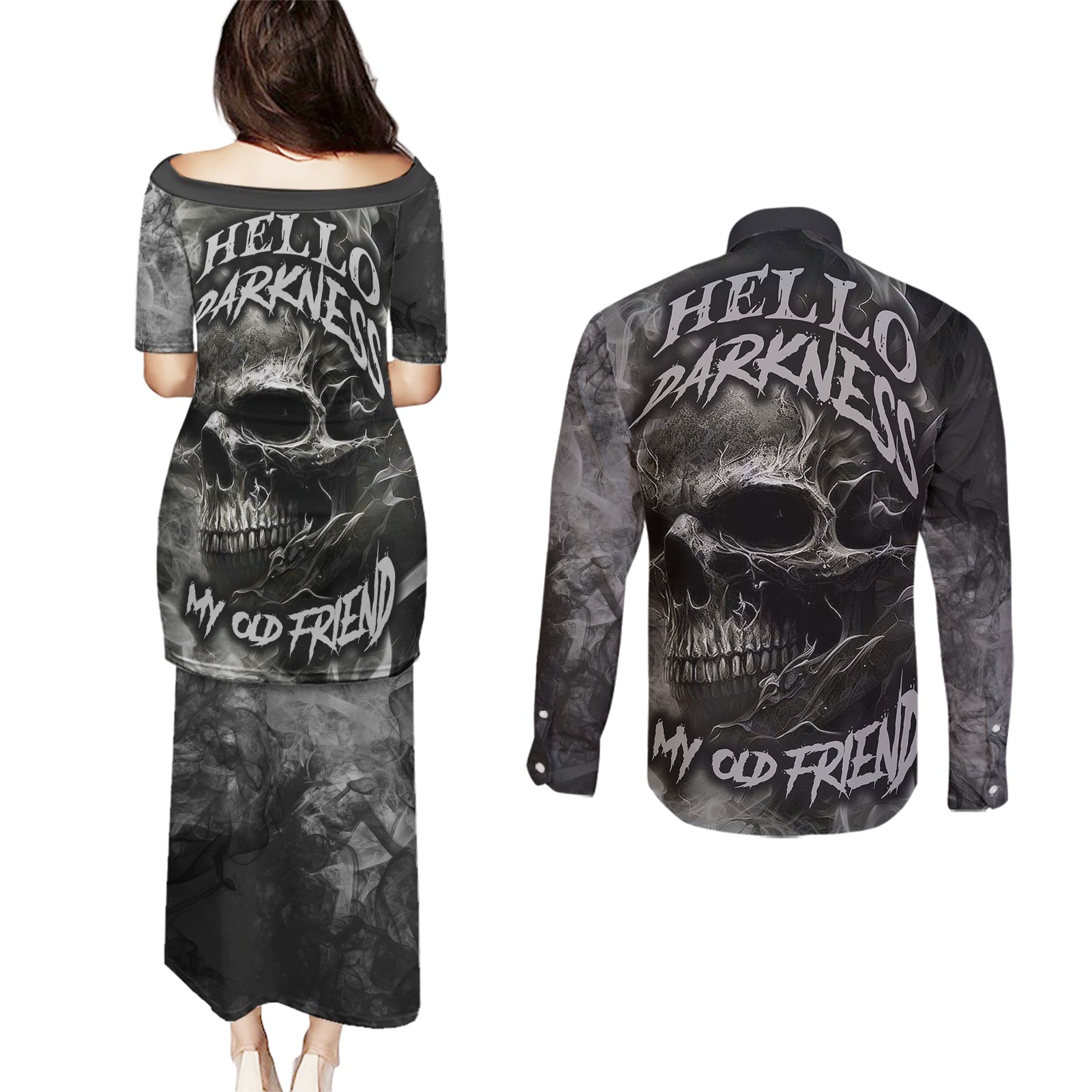 Hello Darkness My Old Friend Skull Couples Matching Puletasi Dress and Long Sleeve Button Shirts - Wonder Print Shop