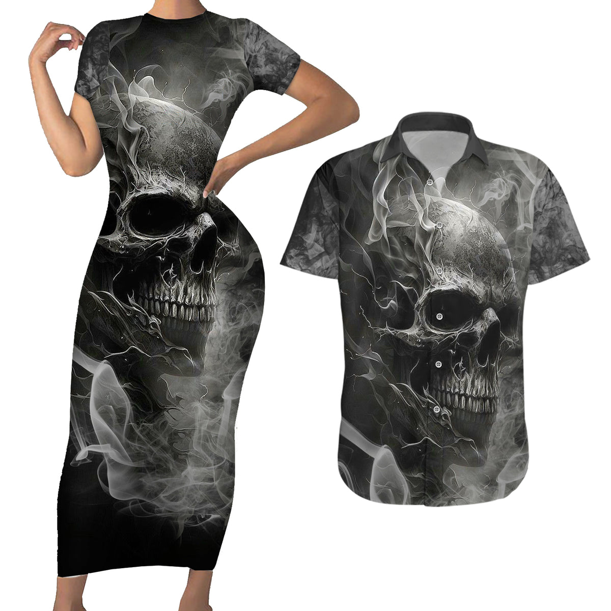 Hello Darkness My Old Friend Skull Couples Matching Short Sleeve Bodycon Dress and Hawaiian Shirt - Wonder Print Shop