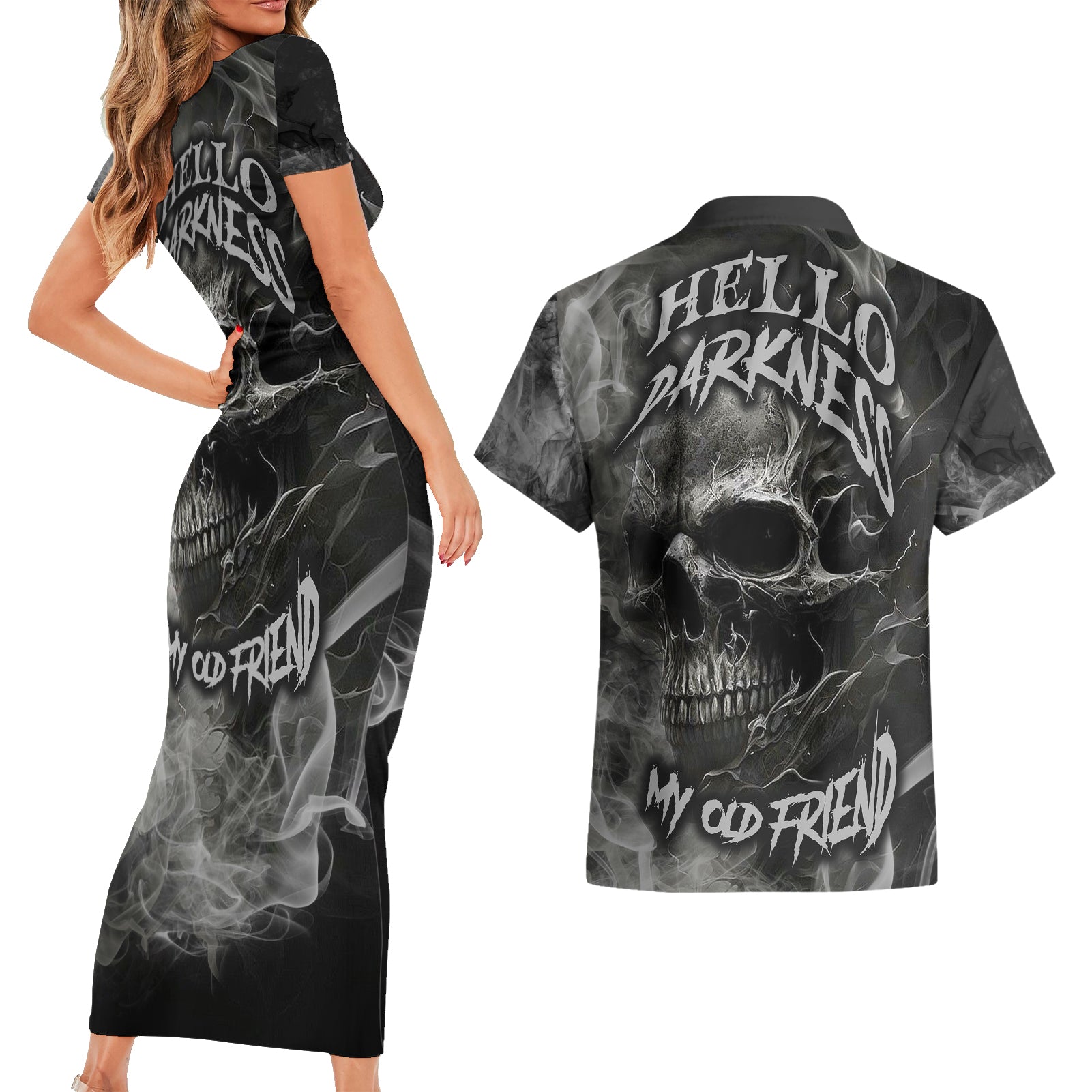Hello Darkness My Old Friend Skull Couples Matching Short Sleeve Bodycon Dress and Hawaiian Shirt - Wonder Print Shop