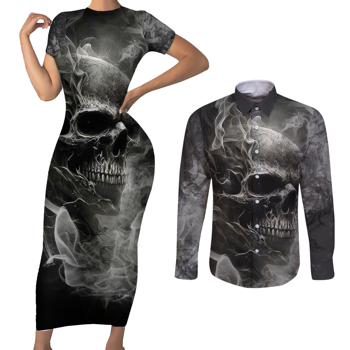Hello Darkness My Old Friend Skull Couples Matching Short Sleeve Bodycon Dress and Long Sleeve Button Shirts - Wonder Print Shop
