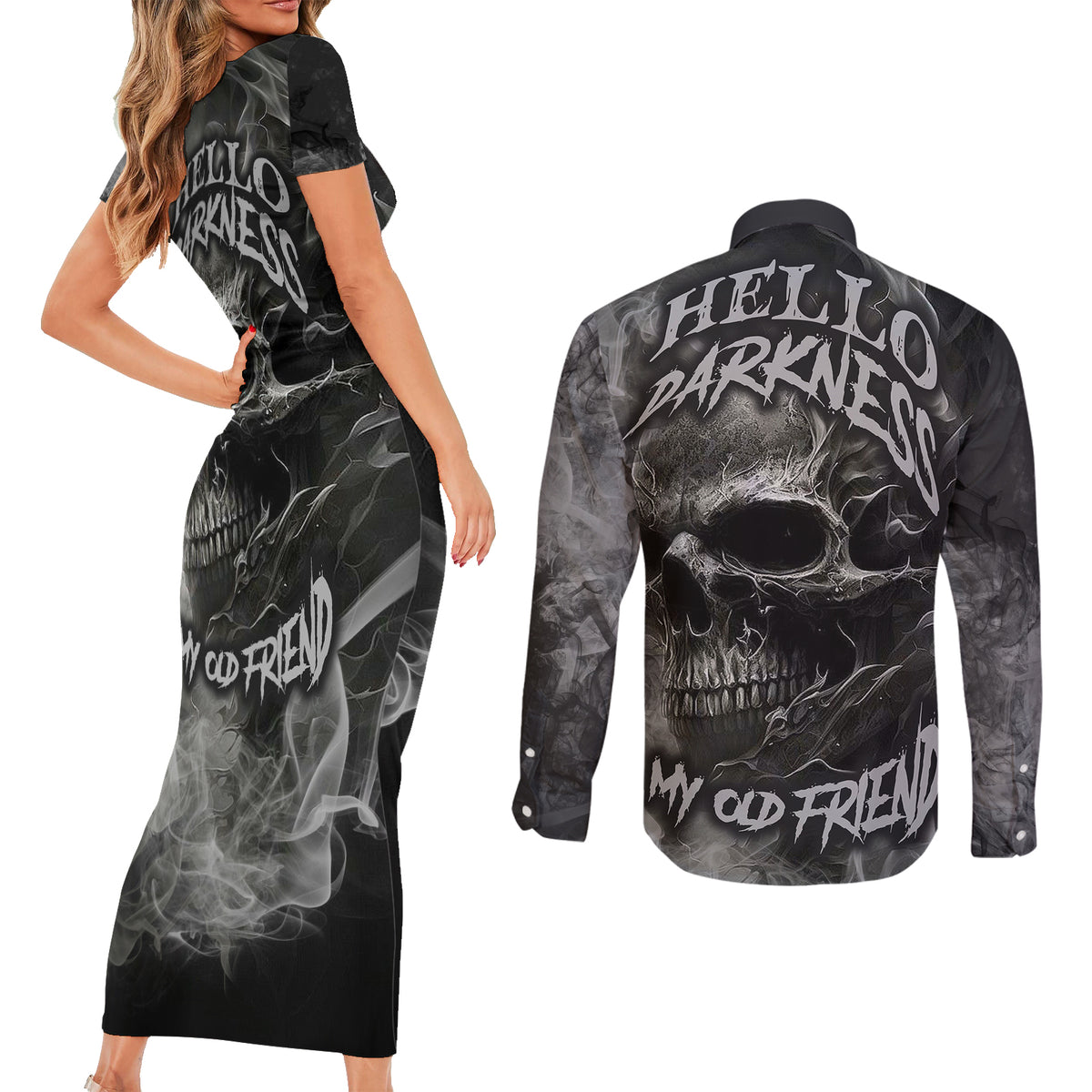 Hello Darkness My Old Friend Skull Couples Matching Short Sleeve Bodycon Dress and Long Sleeve Button Shirts - Wonder Print Shop