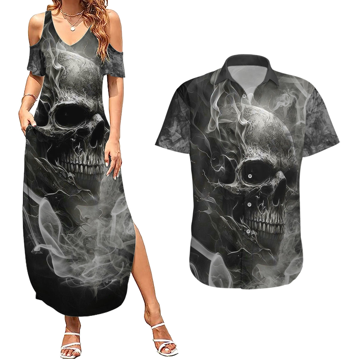 Hello Darkness My Old Friend Skull Couples Matching Summer Maxi Dress and Hawaiian Shirt - Wonder Print Shop