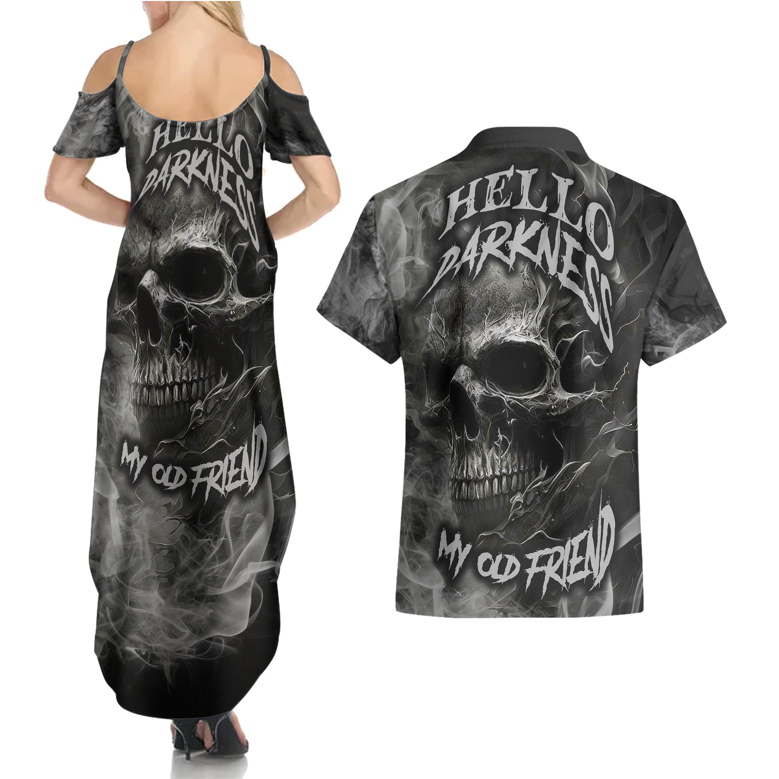 Hello Darkness My Old Friend Skull Couples Matching Summer Maxi Dress and Hawaiian Shirt - Wonder Print Shop