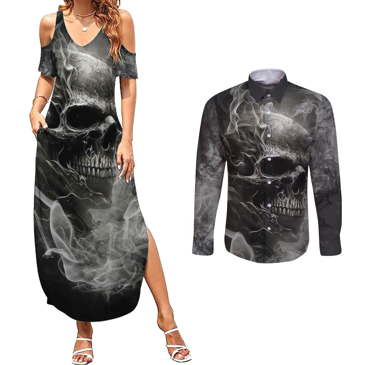 Hello Darkness My Old Friend Skull Couples Matching Summer Maxi Dress and Long Sleeve Button Shirts - Wonder Print Shop