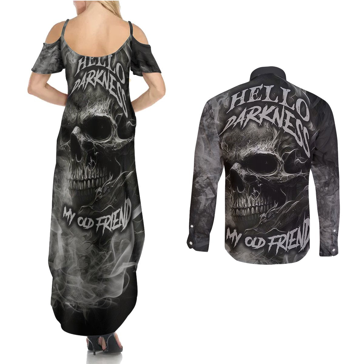 Hello Darkness My Old Friend Skull Couples Matching Summer Maxi Dress and Long Sleeve Button Shirts - Wonder Print Shop