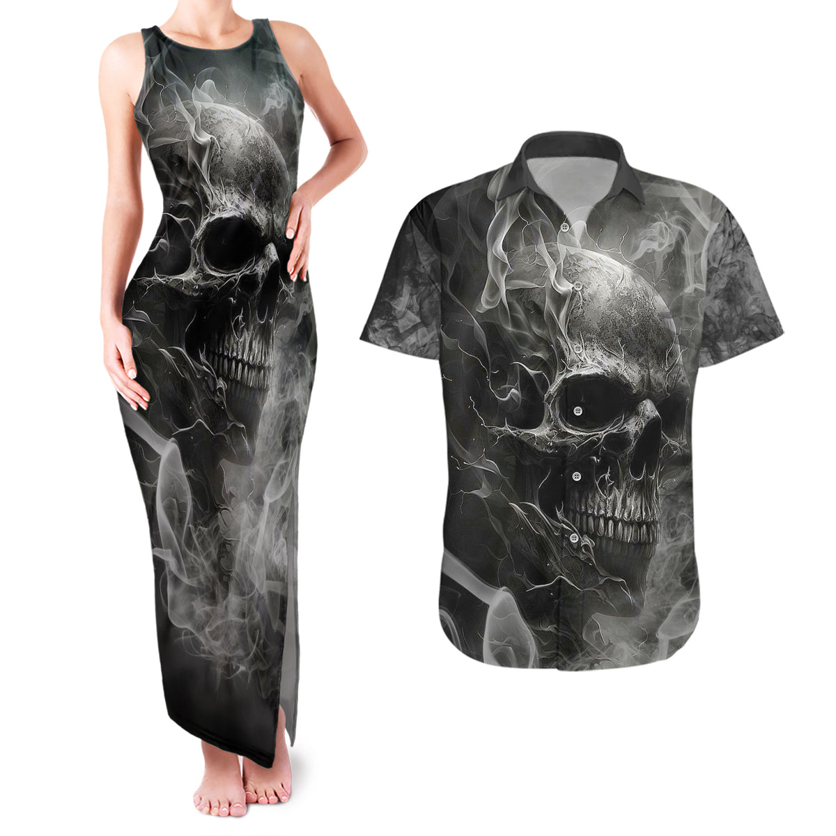 Hello Darkness My Old Friend Skull Couples Matching Tank Maxi Dress and Hawaiian Shirt - Wonder Print Shop
