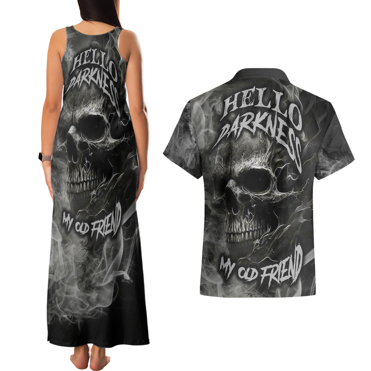 Hello Darkness My Old Friend Skull Couples Matching Tank Maxi Dress and Hawaiian Shirt - Wonder Print Shop