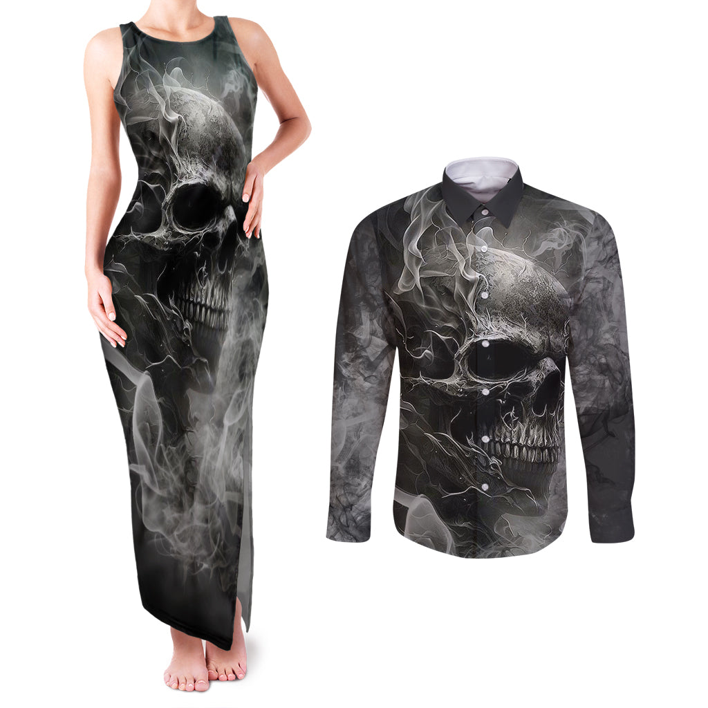 Hello Darkness My Old Friend Skull Couples Matching Tank Maxi Dress and Long Sleeve Button Shirts - Wonder Print Shop
