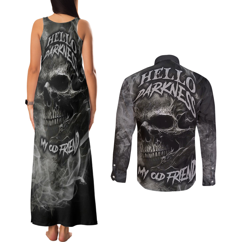 Hello Darkness My Old Friend Skull Couples Matching Tank Maxi Dress and Long Sleeve Button Shirts - Wonder Print Shop