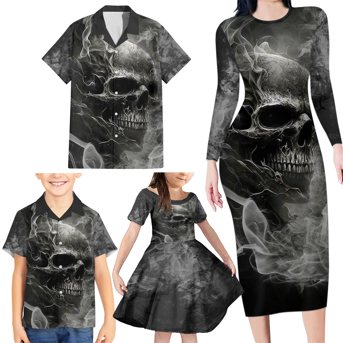 Hello Darkness My Old Friend Skull Family Matching Long Sleeve Bodycon Dress and Hawaiian Shirt - Wonder Print Shop
