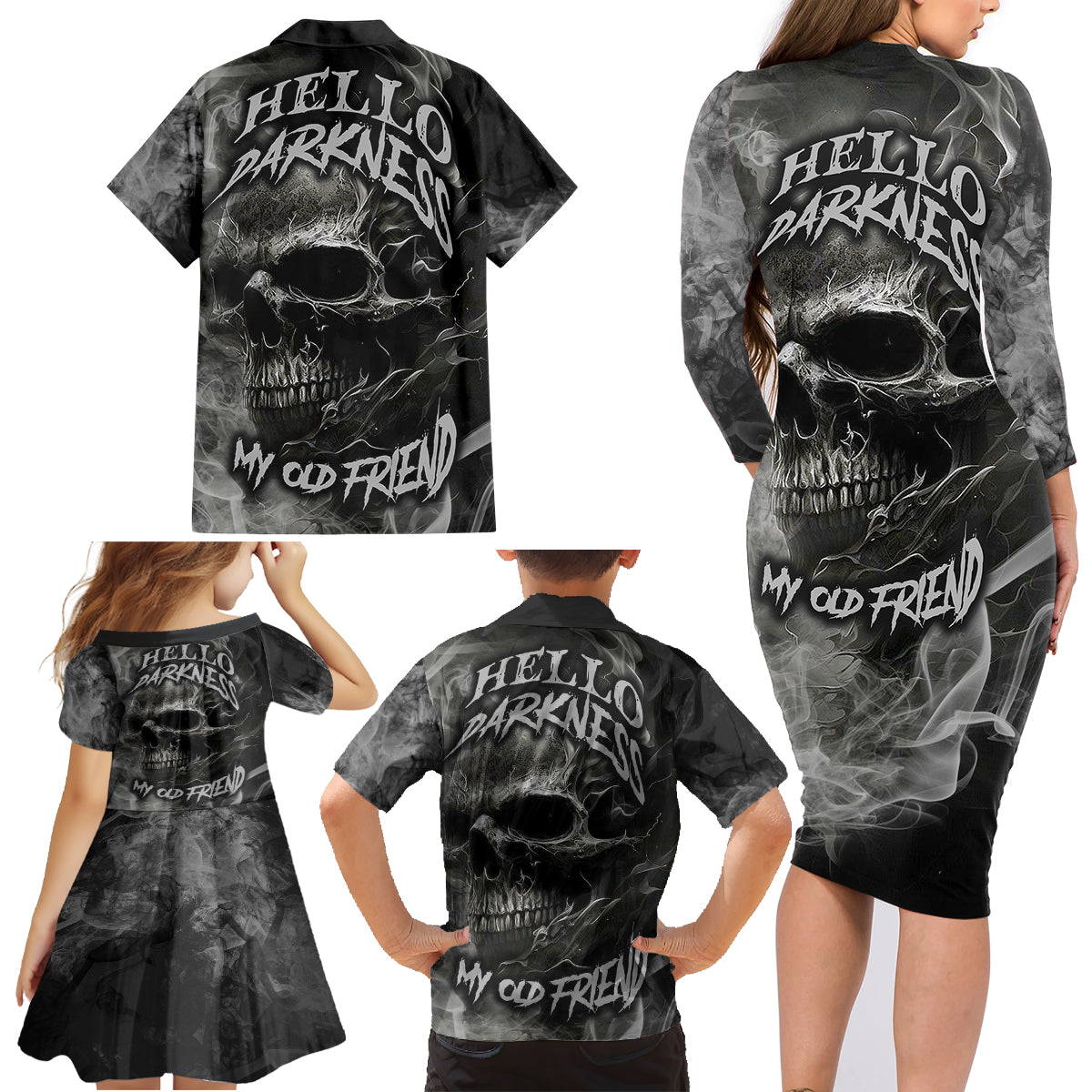 Hello Darkness My Old Friend Skull Family Matching Long Sleeve Bodycon Dress and Hawaiian Shirt - Wonder Print Shop