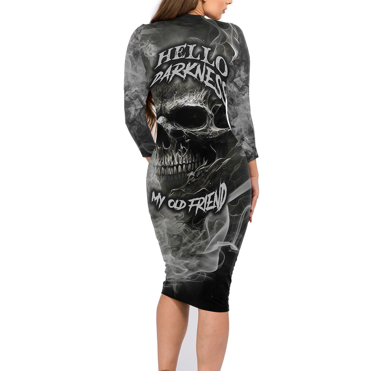 Hello Darkness My Old Friend Skull Family Matching Long Sleeve Bodycon Dress and Hawaiian Shirt - Wonder Print Shop