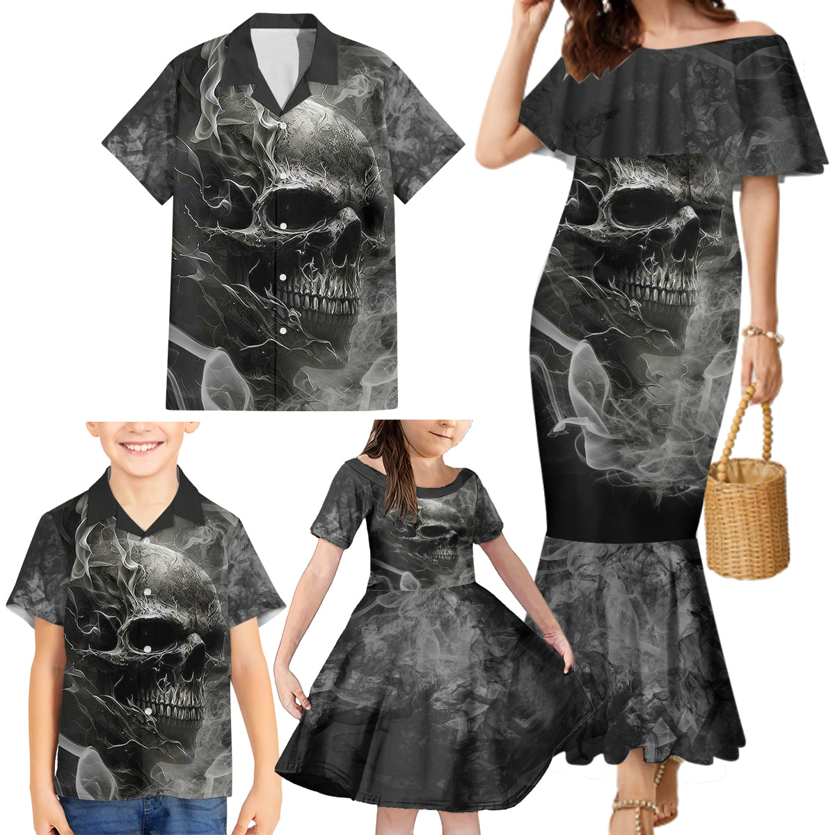 Hello Darkness My Old Friend Skull Family Matching Mermaid Dress and Hawaiian Shirt - Wonder Print Shop