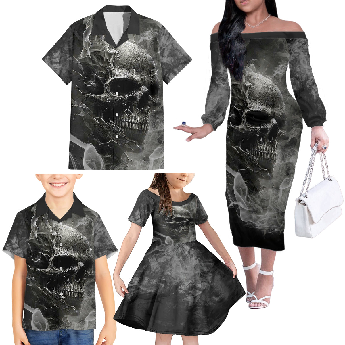 Hello Darkness My Old Friend Skull Family Matching Off Shoulder Long Sleeve Dress and Hawaiian Shirt - Wonder Print Shop