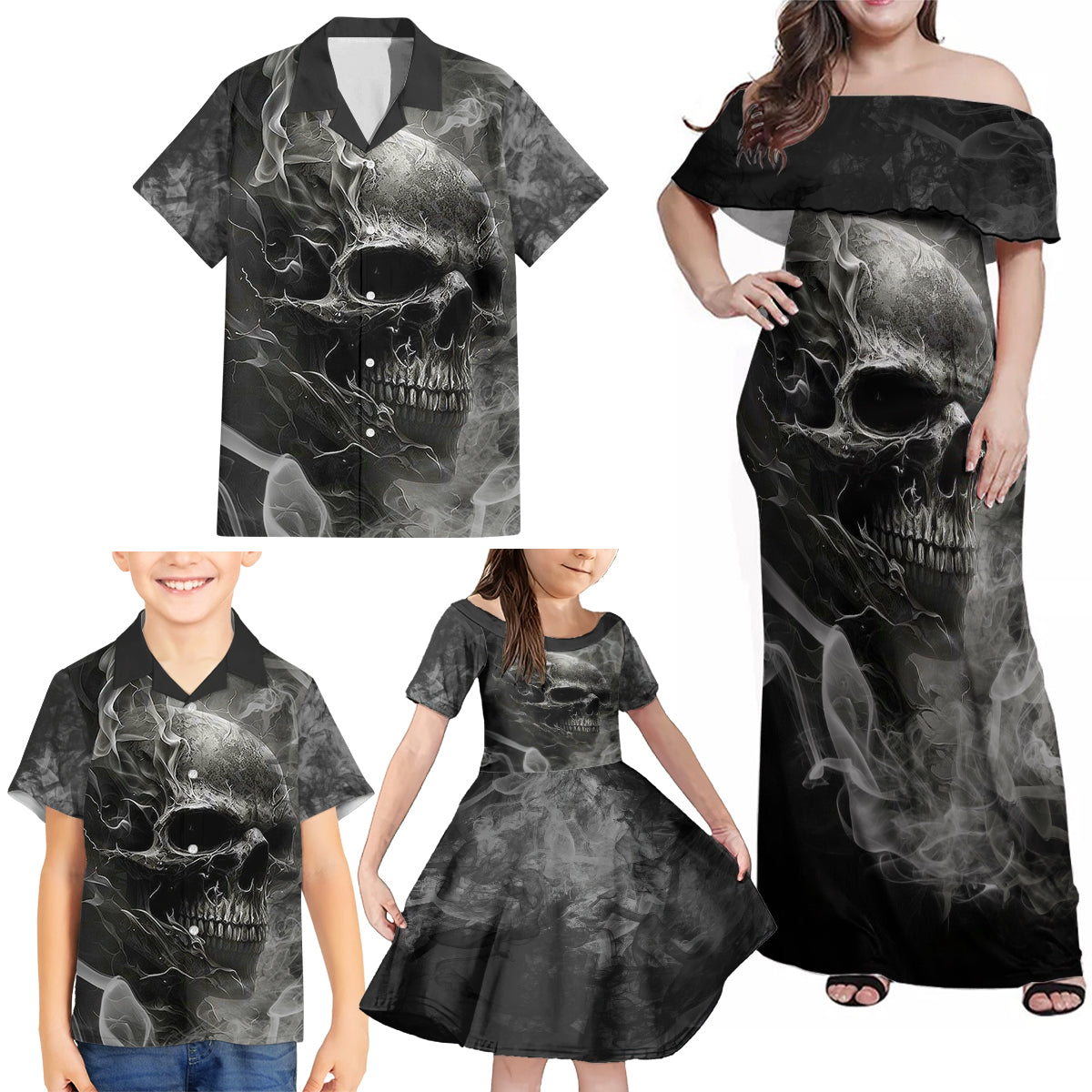 Hello Darkness My Old Friend Skull Family Matching Off Shoulder Maxi Dress and Hawaiian Shirt - Wonder Print Shop