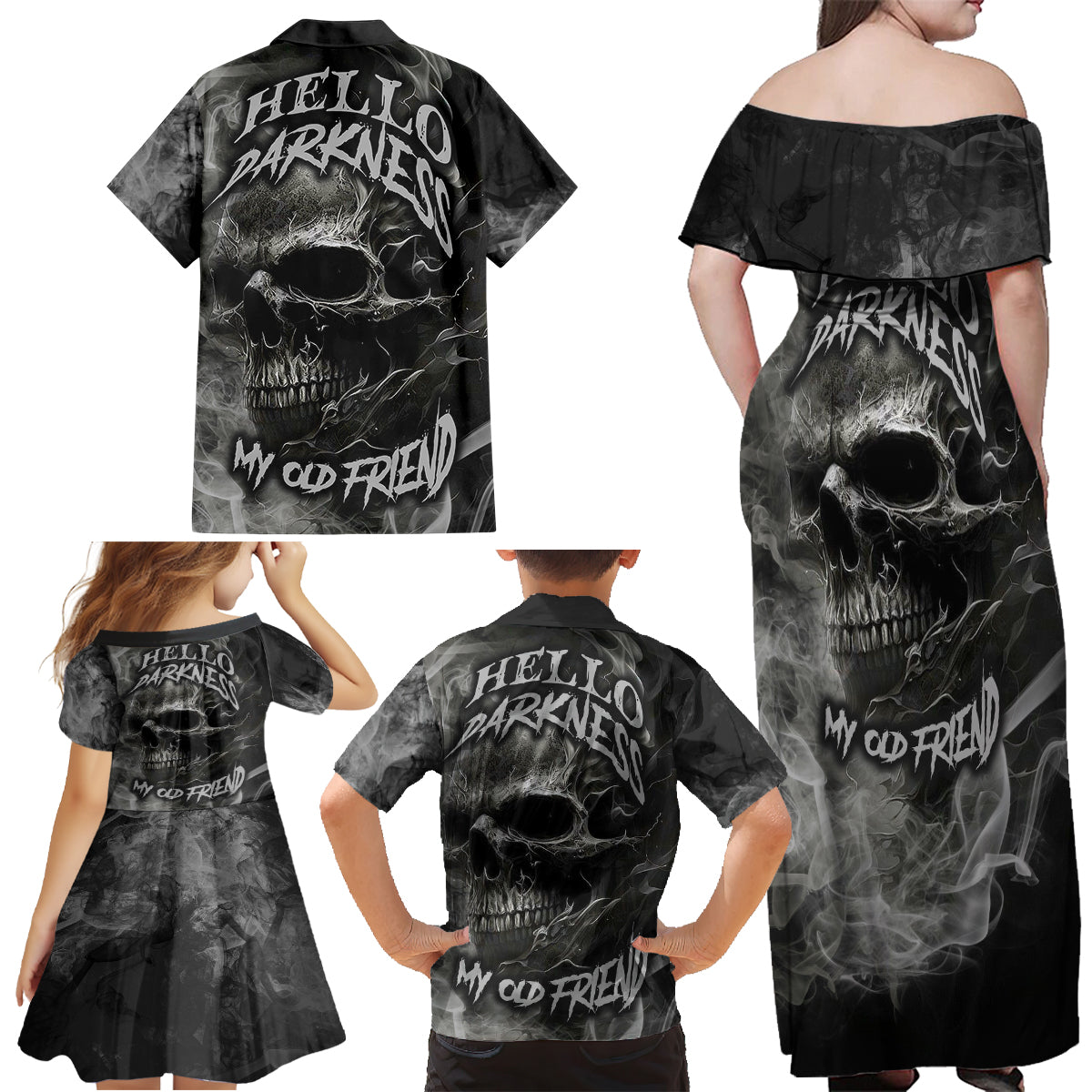 Hello Darkness My Old Friend Skull Family Matching Off Shoulder Maxi Dress and Hawaiian Shirt - Wonder Print Shop