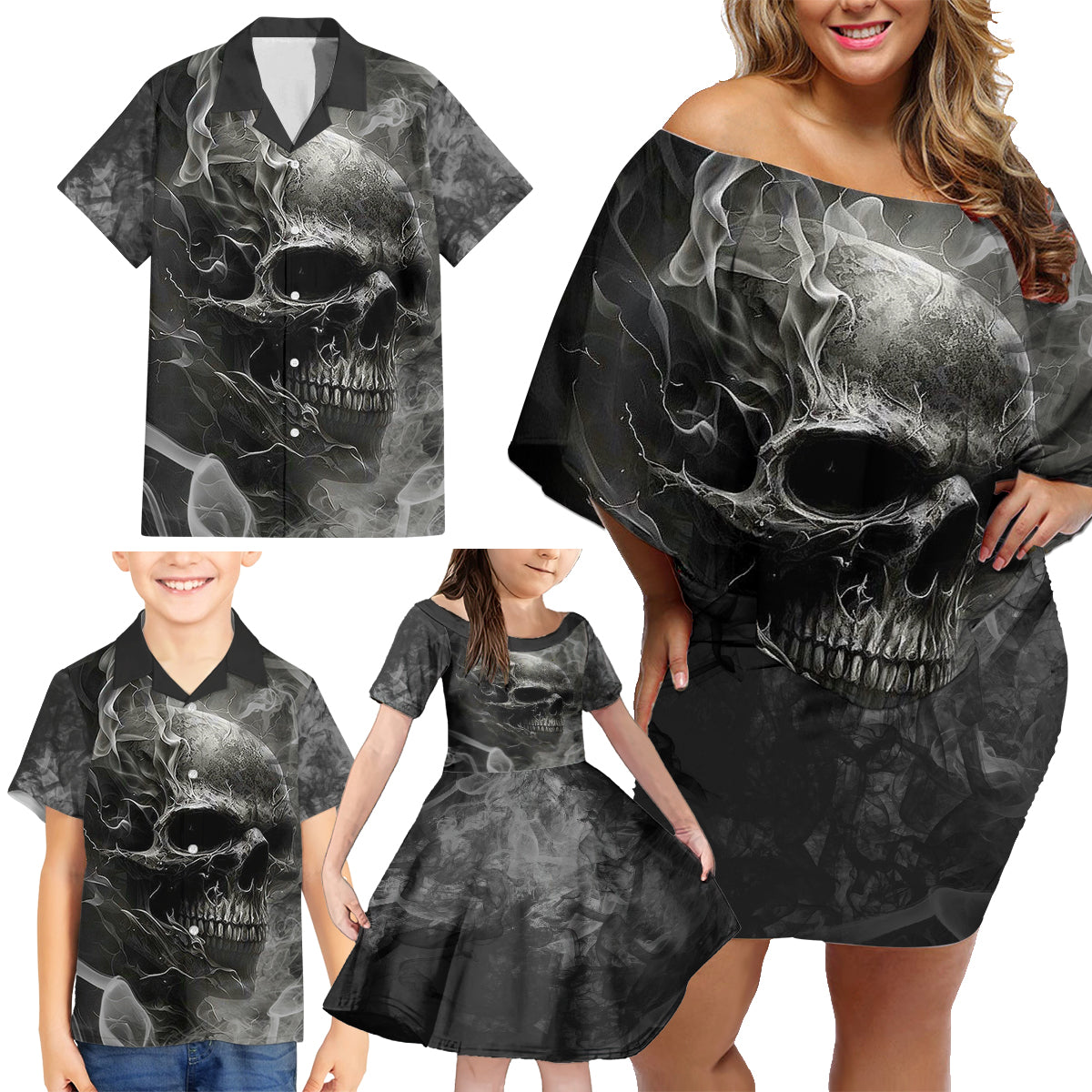 Hello Darkness My Old Friend Skull Family Matching Off Shoulder Short Dress and Hawaiian Shirt - Wonder Print Shop