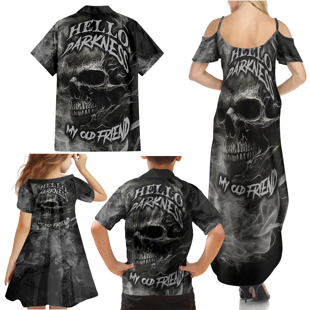 Hello Darkness My Old Friend Skull Family Matching Summer Maxi Dress and Hawaiian Shirt - Wonder Print Shop