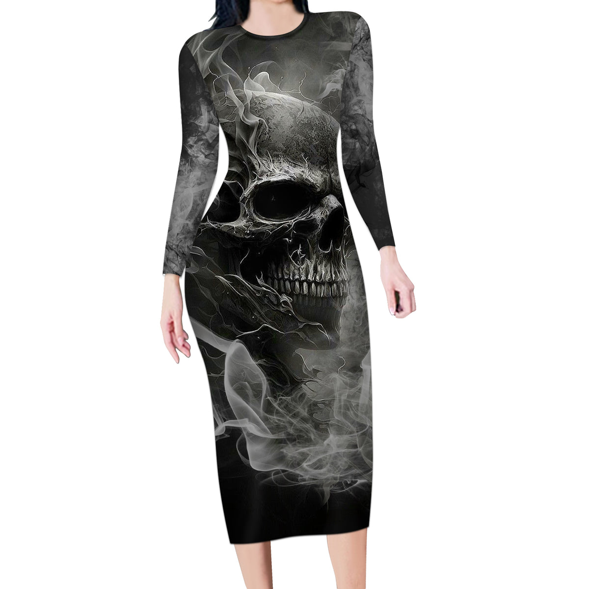 Hello Darkness My Old Friend Skull Long Sleeve Bodycon Dress - Wonder Print Shop