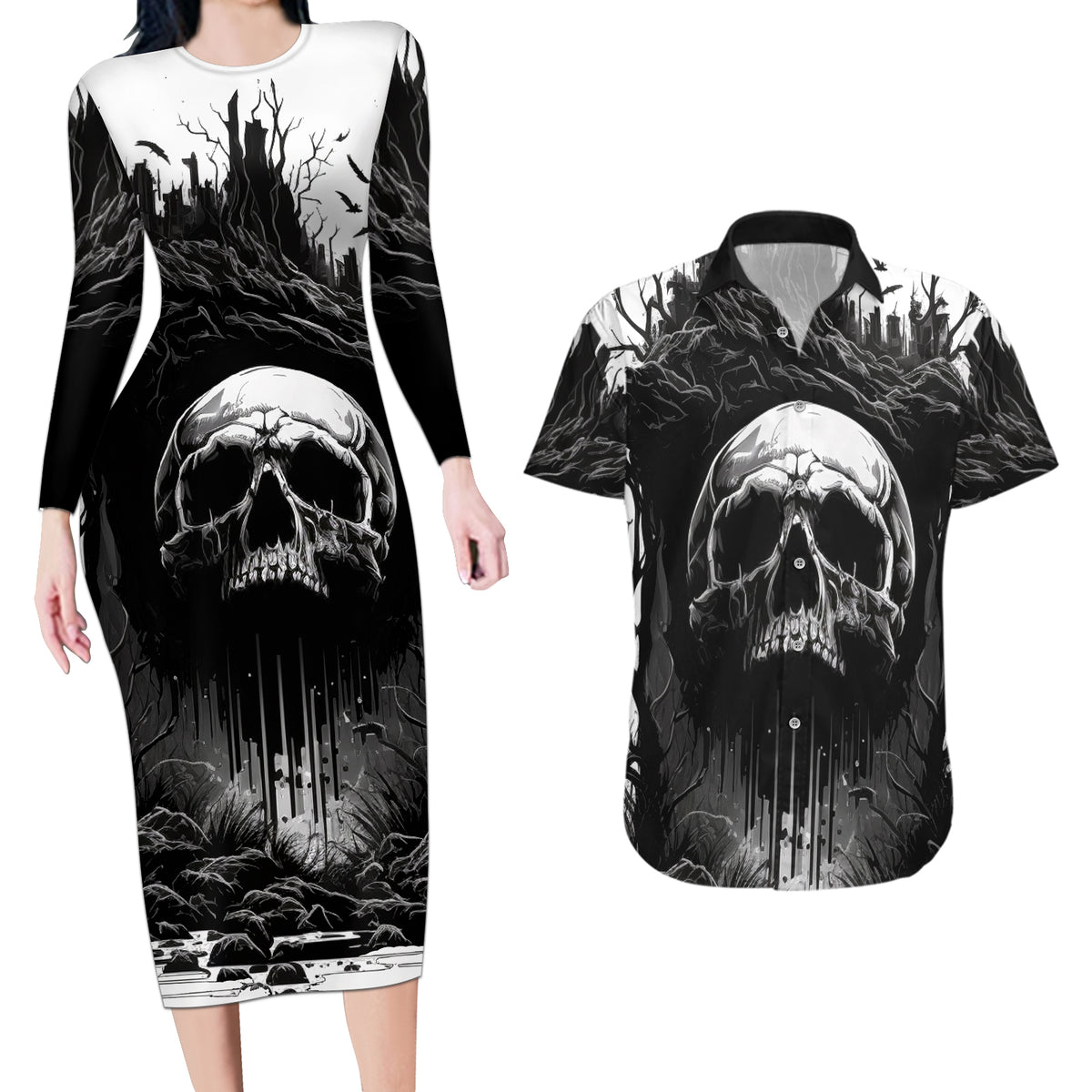 If I Stand Alone I Know I'm With Someone I Can Trust Skull Couples Matching Long Sleeve Bodycon Dress and Hawaiian Shirt - Wonder Print Shop