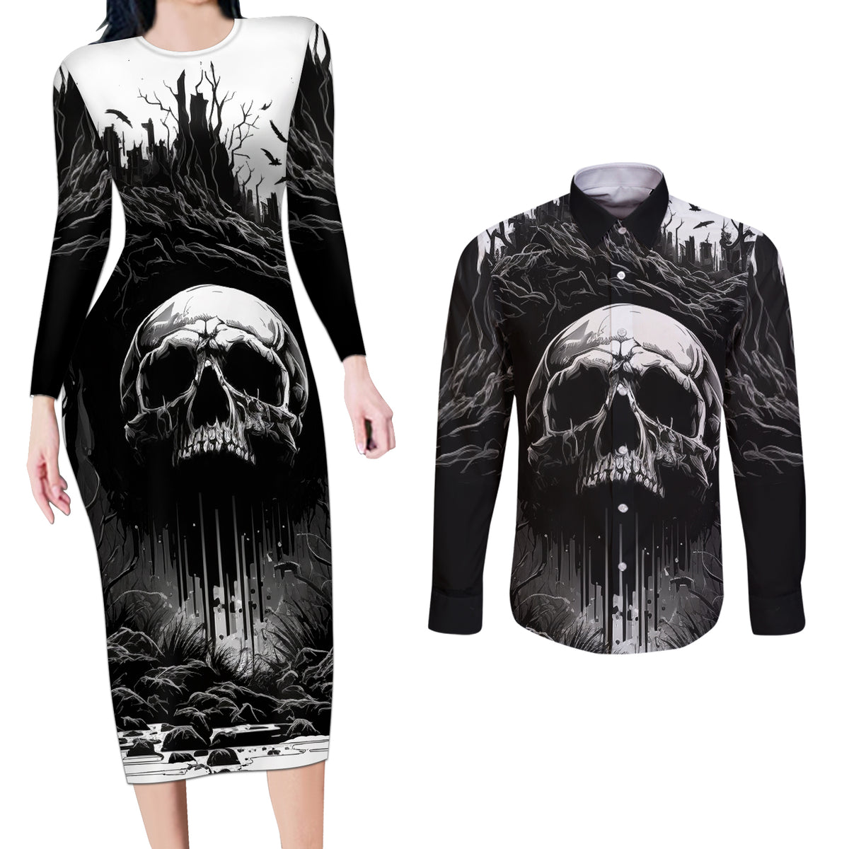 If I Stand Alone I Know I'm With Someone I Can Trust Skull Couples Matching Long Sleeve Bodycon Dress and Long Sleeve Button Shirts - Wonder Print Shop
