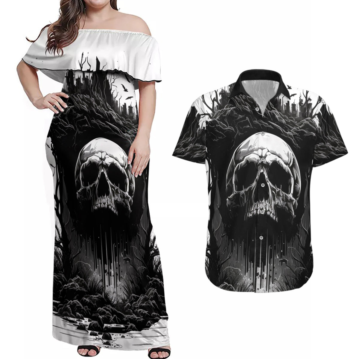 If I Stand Alone I Know I'm With Someone I Can Trust Skull Couples Matching Off Shoulder Maxi Dress and Hawaiian Shirt - Wonder Print Shop