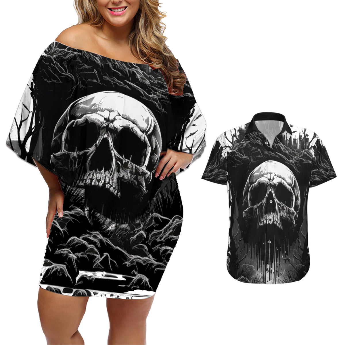 If I Stand Alone I Know I'm With Someone I Can Trust Skull Couples Matching Off Shoulder Short Dress and Hawaiian Shirt - Wonder Print Shop
