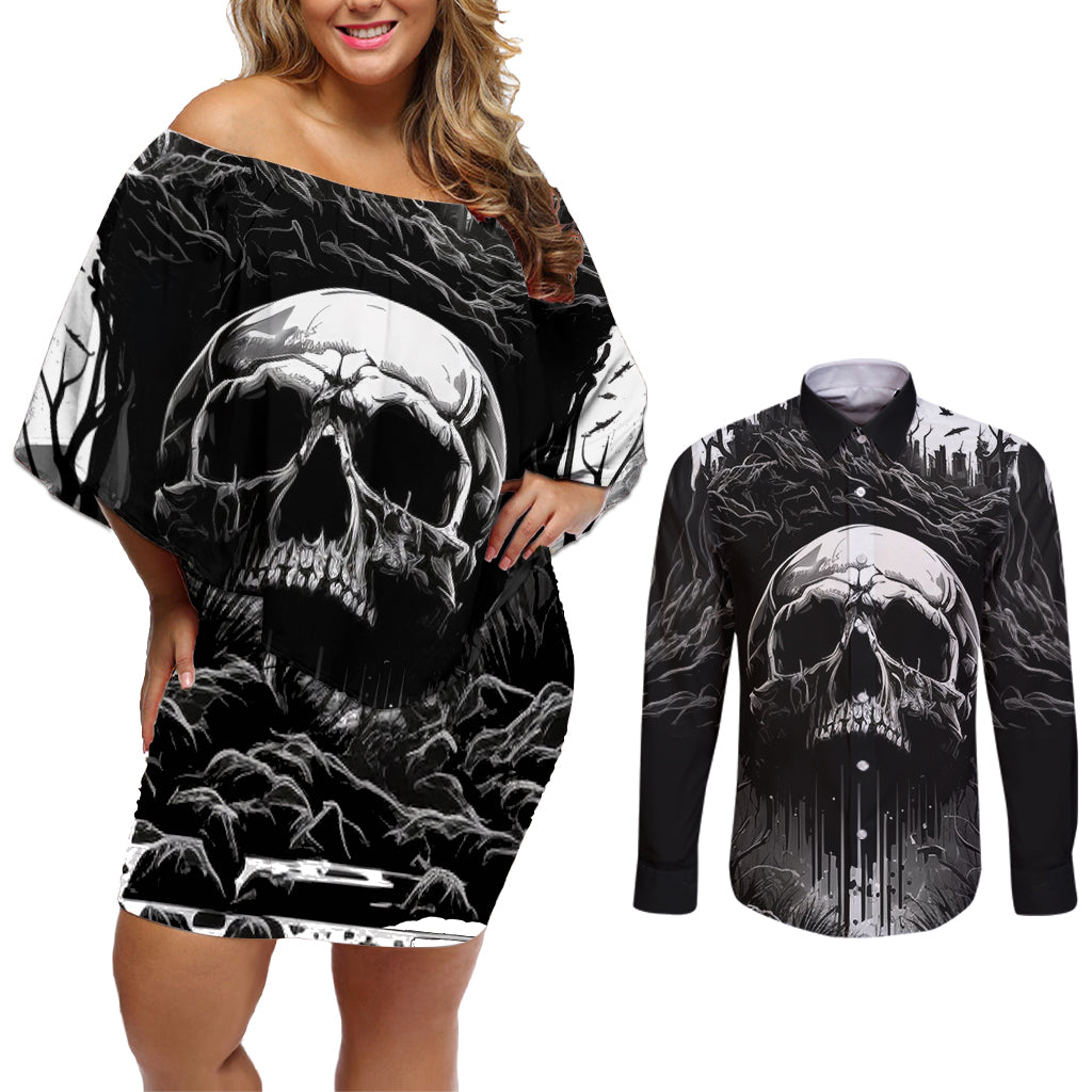 If I Stand Alone I Know I'm With Someone I Can Trust Skull Couples Matching Off Shoulder Short Dress and Long Sleeve Button Shirts - Wonder Print Shop